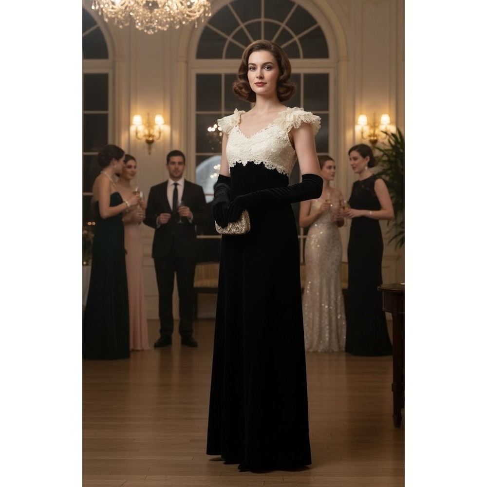 Loralie Vintage Black Velvet & Cream Lace Gown Prom Formal Dress Slit No Gloves